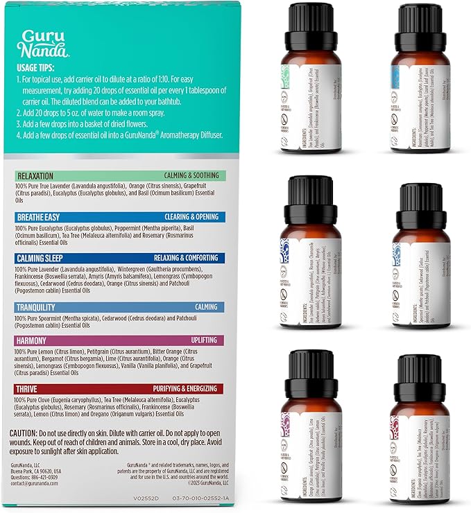 GuruNanda Essential Oil Blends (Set of 6) - Natural Essential Oil Set, Aromatherapy Oil Blends for Diffusers - Breathe Easy, Tranquility, Harmony, Calming Sleep, Relaxation & Thrive