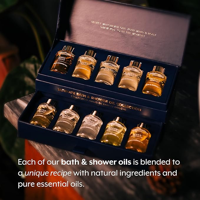 Aromatherapy Associates Essential Oil Blends for Dry Skin Oil & Body Oil for Men & Women, Luxury Shower Oil for Daily Aromatherapy Bath & Body Care, 10 Pack (0.30 fl oz Each), Decorative Gift Box