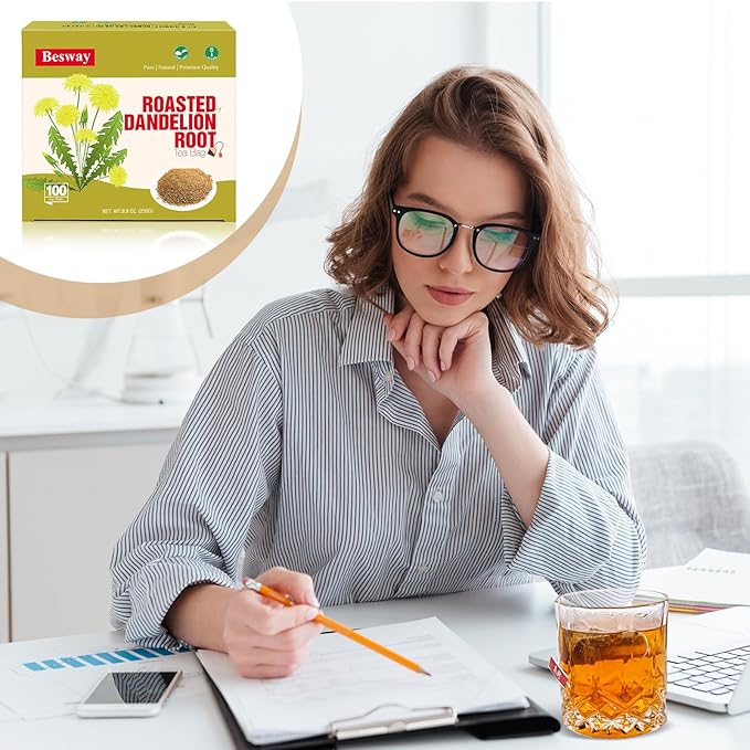 Besway Dandelion Root Tea Bag 100 counts, 2.5g/Bag Premium Roasted Dandelion Root Caffeine-Free, Detox Herbal Tea for Digestion & Immune Support 100% Natural, Non-GMO, Product of China