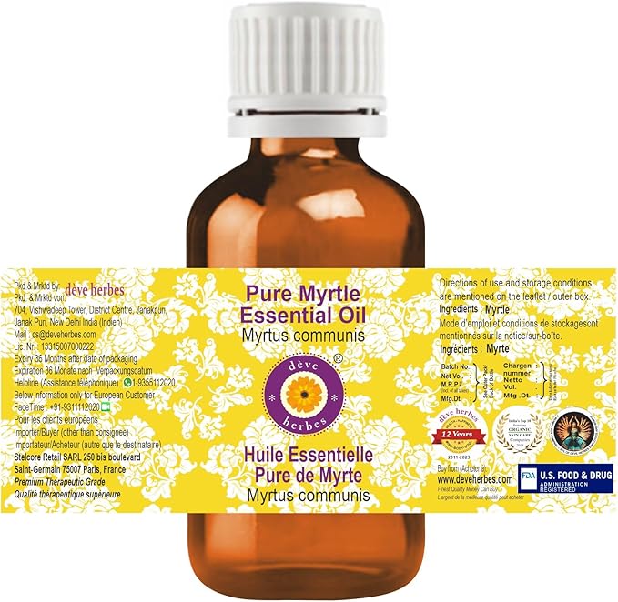 Deve Herbes Pure Myrtle Essential Oil (Myrtus communis) Steam Distilled 30ml (1 oz)