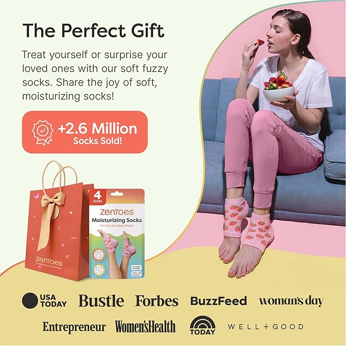 ZenToes Moisturizing Socks for Cracked Heel Treatment - Vitamin E, Olive Oil and Jojoba Oil Infused Heel Socks to Soften and Hydrate (Pink Strawberries, Regular)