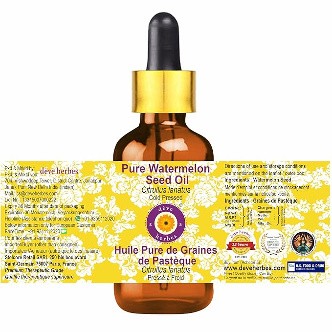 dève herbes Pure Watermelon Seed Oil (Citrullus lanatus) with Glass Dropper Cold Pressed 100ml (3.38 oz)