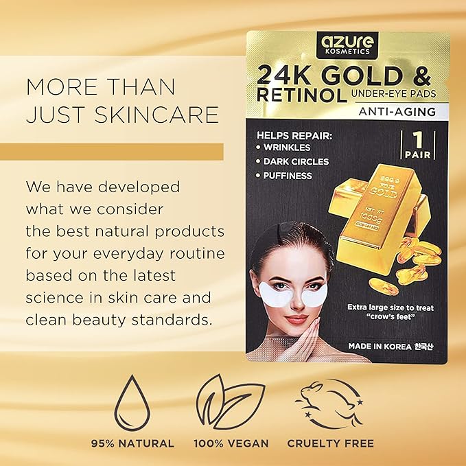 Azure Cosmetics 24K Gold & Retinol Anti Aging Under Eye Patches - Firming, Restoring & Deeply Hydrating Eye Mask - Reduces Fine Lines, Wrinkles, Dark Circles & Puffiness - Made in Korea, 5 Pairs