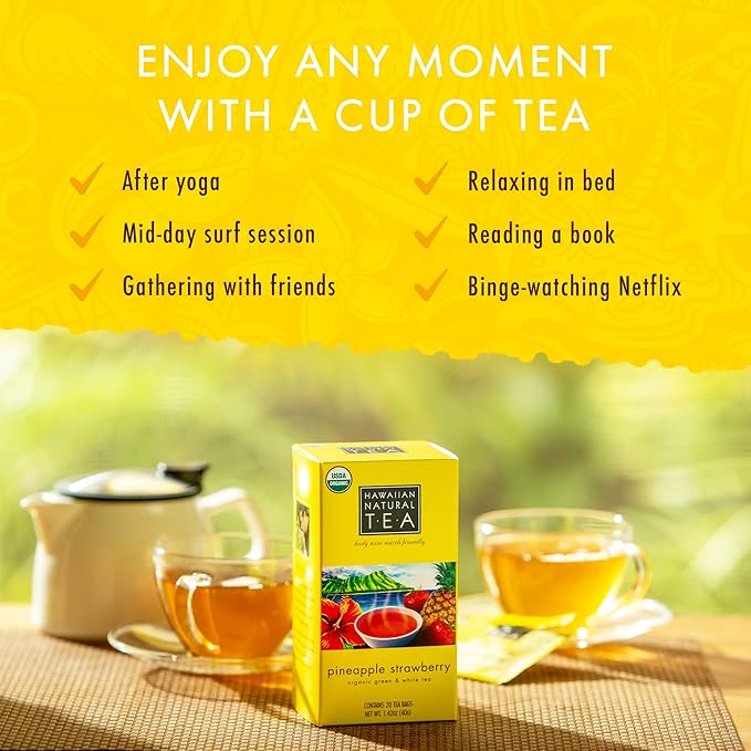 Hawaiian Natural Tea Pineapple Strawberry Flavored Organic Tea - Tropical Fruit Green Tea Blend with White Tea - Perfect Daily Cup & Gift for Tea Lovers - 60 Tea Bags