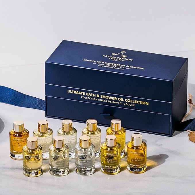 Aromatherapy Associates Essential Oil Blends for Dry Skin Oil & Body Oil for Men & Women, Luxury Shower Oil for Daily Aromatherapy Bath & Body Care, 10 Pack (0.30 fl oz Each), Decorative Gift Box