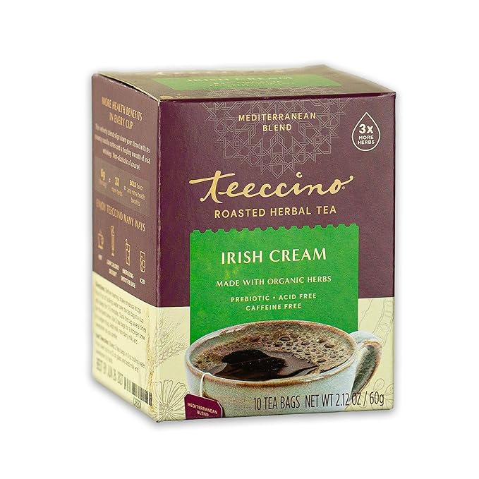 Teeccino Irish Cream Herbal Tea, Rich & Roasted Herbal Tea That’s Caffeine Free & Prebiotic for Natural Energy, 10 Tea Bags