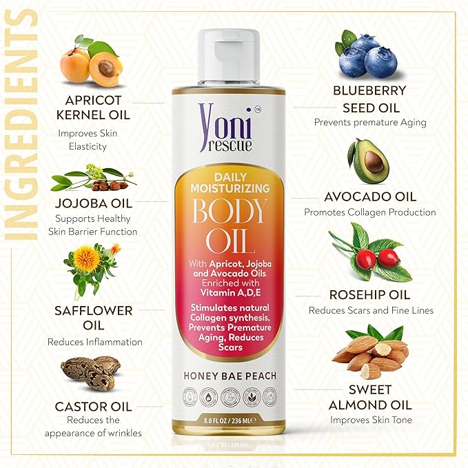 Daily Skin Moisturizing Body Oil with Apricot, Jojoba, Avocado & Vitamin E Oil | Hydrating & Nourishing for all Skin types | After Shower oil 8oz Honey Bae Peach Scented