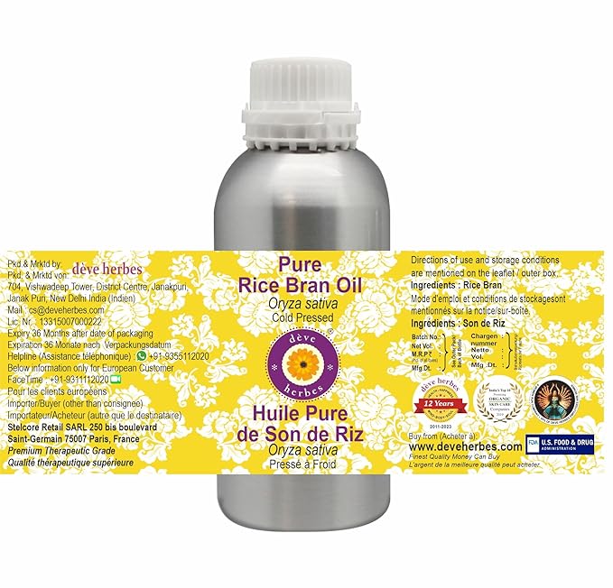 Deve Herbes Pure Rice Bran Oil (Oryza Sativa) Cold Pressed 630ml (21 oz)