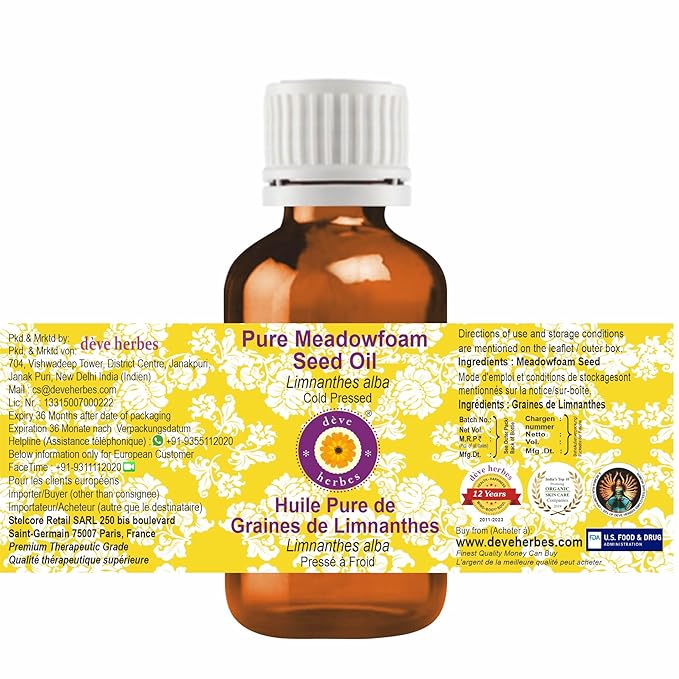 Deve Herbes Pure Meadowfoam Seed Oil (Limnanthes alba) Cold Pressed 5ml (0.16 oz)