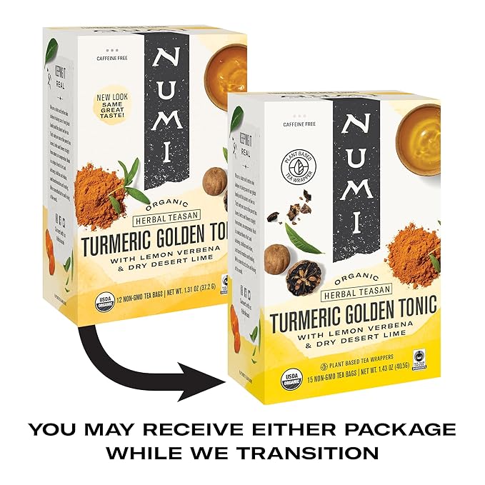 Numi Organic Golden Tonic Turmeric Tea, 15 Tea Bags (Pack of 3) With Lemon Verbena & Lime, Caffeine Free, Packaging May Vary