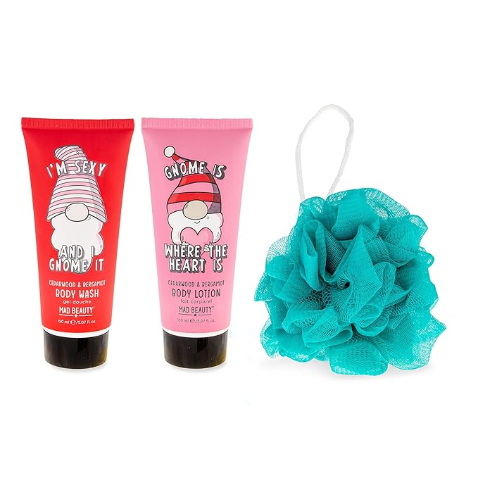 MAD BEAUTY Gnome Matter What Body Trio, 3-in-1 Bath Kit: Body Wash, Body Lotion, & Exfoliating Loofah, Refreshing Cedarwood & Bergamot, Relax & Unwind, Great Self-Care Gift Set