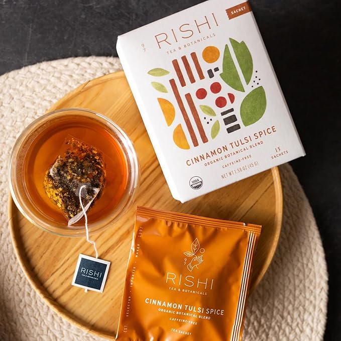 Rishi Tea Cinnamon Tulsi Spice Herbal Tea - Organic, Caffeine Free Sachet Bags, Warming & Naturally Sweet Botanical Blend - 15 Count (Pack of 6)