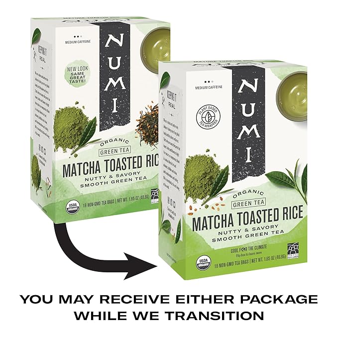 Numi Organic Matcha Toasted Rice Tea, 18 Tea Bags, Organic Genmaicha Green Tea, Caffeinated (Packaging May Vary)