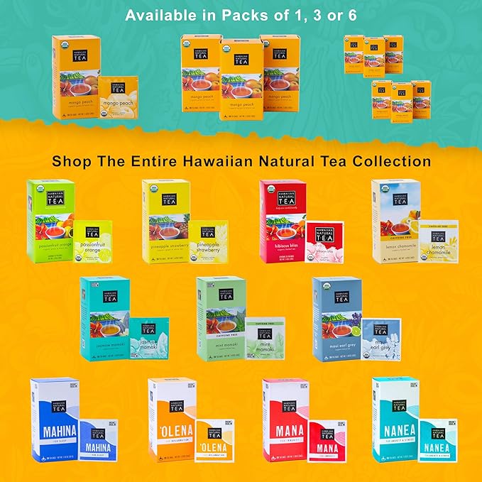 Hawaiian Natural Tea Mango Peach Flavored Organic Tea - Tropical Fruit Green and Black Tea Blend - Perfect Daily Cup & Gift for Special Occasions - 20 Tea Bags