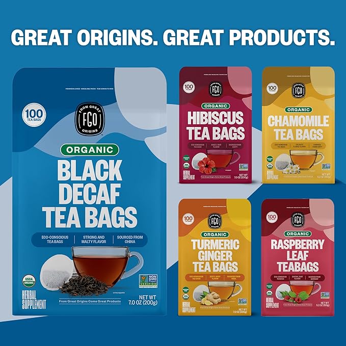 FGO Organic Black Decaf Tea, 100 Count, Eco-Conscious Tea Bags, Resealable Bag, Packaging May Vary (Pack of 1)