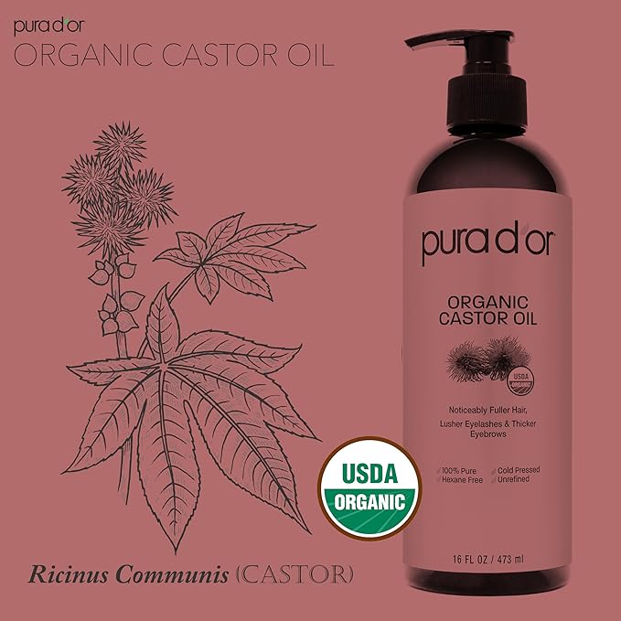 PURA D'OR 16 Oz ORGANIC Castor Oil - 100% Pure USDA Certified Cold Pressed, Hexane Free Eyelash & Eyebrow Serum - For Fuller, Thicker Lashes & Brows - Skin & Hair Moisturizer - Bulk Size