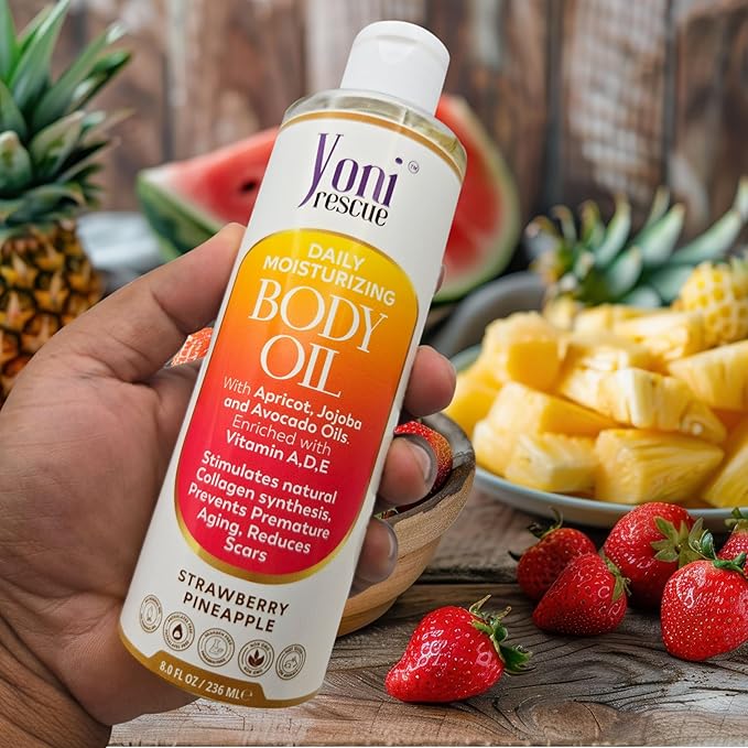 Daily Skin Moisturizing Body Oil with Apricot, Jojoba, Avocado & Vitamin E Oil | Hydrating & Nourishing for all Skin types | After Shower oil 8oz Strawberry Pineapple Scented