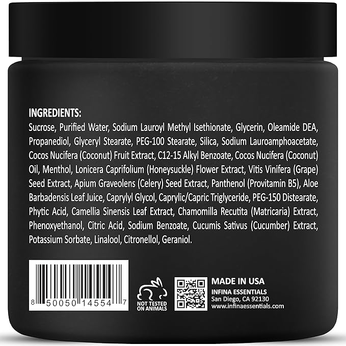 Scalp and Body Scrub – Exfoliating Sugar Cleanser with Coconut Oil, Menthol & Aloe – Dual-Use Polisher for Dry Skin & Flaky Scalp – Soothing, Cooling & Hydrating - INFINA ESSENTIALS | 8.45 fl oz
