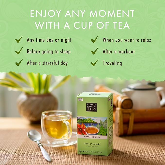 Hawaiian Natural Tea Organic Mamaki Mint Tea Blend - Caffeine Free Herbal Tea - Antioxidant-Rich, Calming, Wellness Tea for Bedtime, Anxiety & Stress - Gift for Tea Lovers - 120 Tea Bags