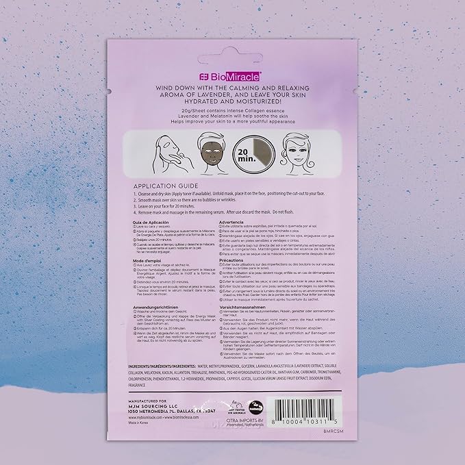 BioMiracle Restoring Collagen Sheet Mask Infused with Purple Clay, Lavender and Melatonin (10 Pack) (10 Sheets)