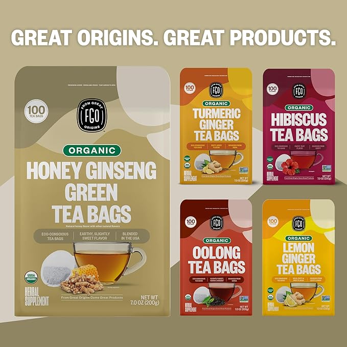 FGO Organic Honey Ginseng Green Tea, 100 Count, Eco-Conscious Tea Bags, Resealable Bag, Packaging May Vary (Pack of 1)