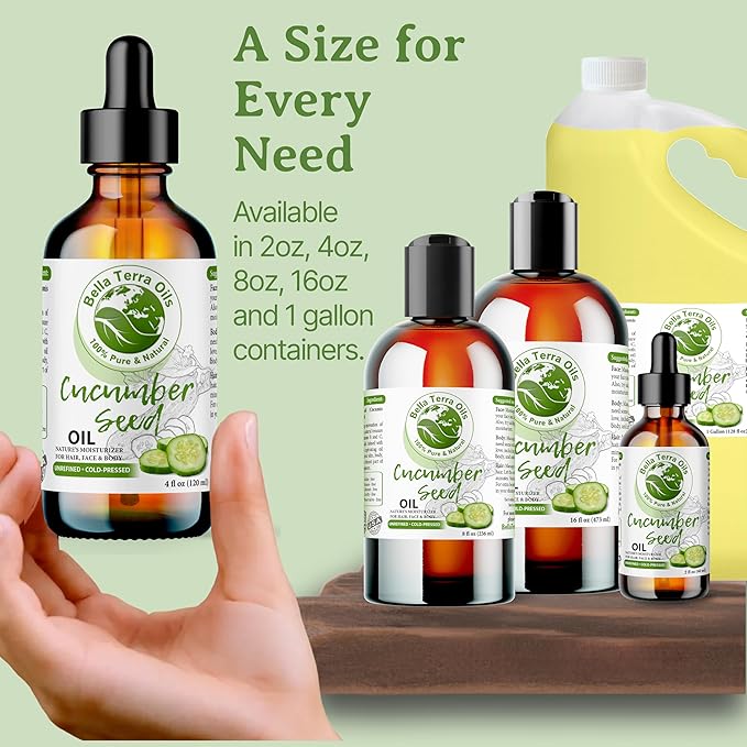 Bella Terra Oils - Cucumber Seed Oil 4oz - A Symphony of Nutrients & Essential Fatty Acids, Cucumber's Gift for Lustrous Skin Brilliance