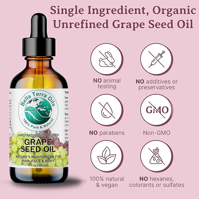 Bella Terra Oils - Organic Grape Seed Oil 16 oz - Celebrate the Essence of Cold-Pressed Organic Grapes, Rich in Vitamin D & Beta-carotene, The Ultimate Skin Nourishing Experience