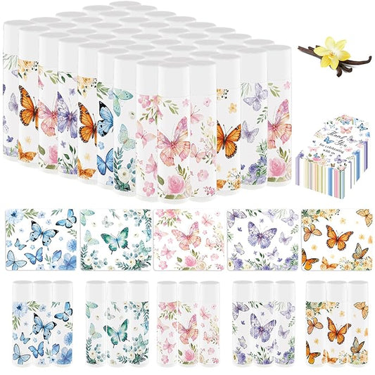 50Pcs Butterfly Baby Shower Favors Lip Balm Bulk Thank You Gift for Women Staff Moisturizing Lip Care with Organza Bag and Tag for Bridal Shower Mother's Day Party Favor Supplies (Butterfly)