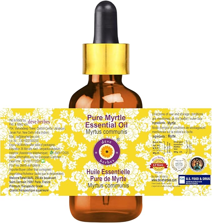 Deve Herbes Pure Myrtle Essential Oil (Myrtus communis) with Glass Dropper Steam Distilled 30ml (1 oz)