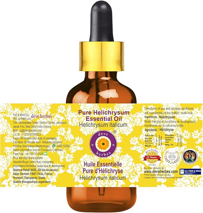 Deve Herbes Pure Helichrysum Essential Oil (Helichrysum italicum) with Glass Dropper Steam Distilled 5ml (0.16 oz)