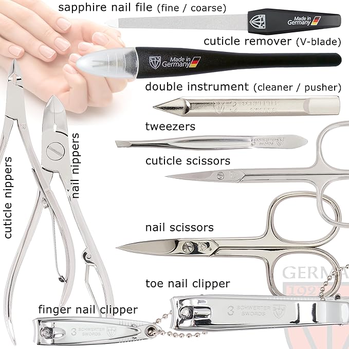 3 Swords Germany - brand quality 10 piece manicure pedicure grooming kit set for professional finger & toe nail care scissors clipper fashion leather case in gift box, Made by 3 Swords (6226)
