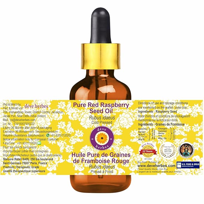 dève herbes Pure Red Raspberry Seed Oil (Rubus idaeus) with Glass Dropper Cold Pressed 100ml (3.38oz)