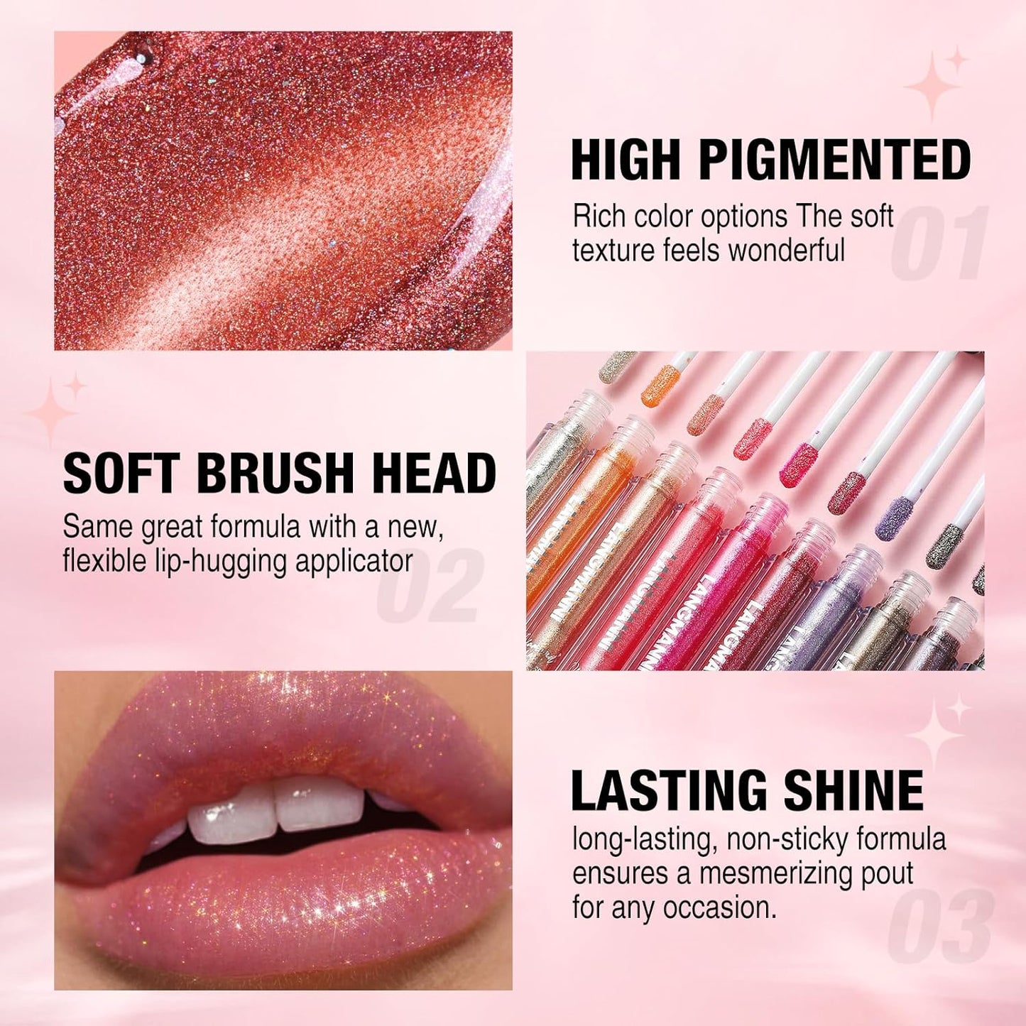 LANGMANNI 2 Colors Diamond Glitter Lip Gloss Set,Long Lasting High Shine Shimmer Liquid Lipstick Set,Hydrating,Moisturizing Lip Gloss Kit Gift Makeup For Girls(#03+04)