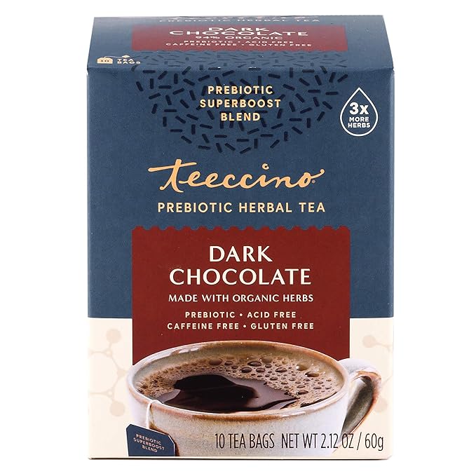 Teeccino Dark Chocolate - Prebiotic SuperBoost™ Herbal Tea - Support Your Probiotics with Prebiotics For Good Gut Health and Regularity, Digestive Chocolate Tea, 10 Tea Bags