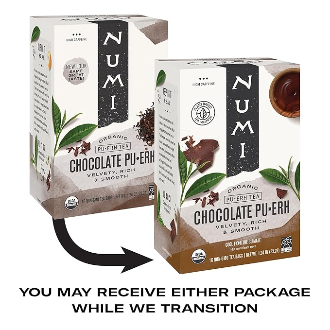 Numi Organic Chocolate Pu-erh Tea, 16 Tea Bags, Aged Yunnan Pu-erh Black Tea with Cocoa & Orange Peel (Packaging May Vary)