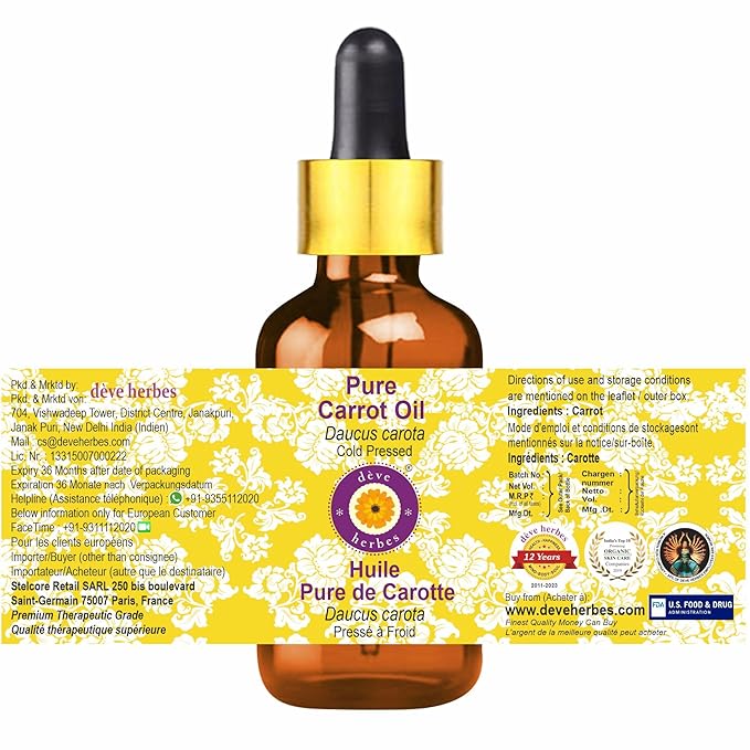dève herbes Pure Carrot Oil (Daucus carota) with Glass Dropper Cold Pressed (Pack of Two) 100ml X 2 (6.76 oz)