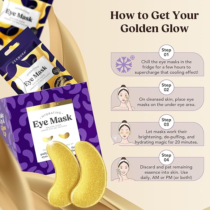 DERMORA Golden Glow Under Eye Patches (100 Pairs Eye Gels) - Rejuvenating Treatment for Dark Circles, Puffy Eyes, Refreshing, Revitalizing, Travel, Wrinkles