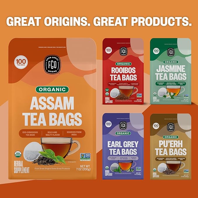 FGO Organic Assam Tea, 100 Count, Eco-Conscious Black Tea Bags, Resealable Bag, Packaging May Vary (Pack of 1)