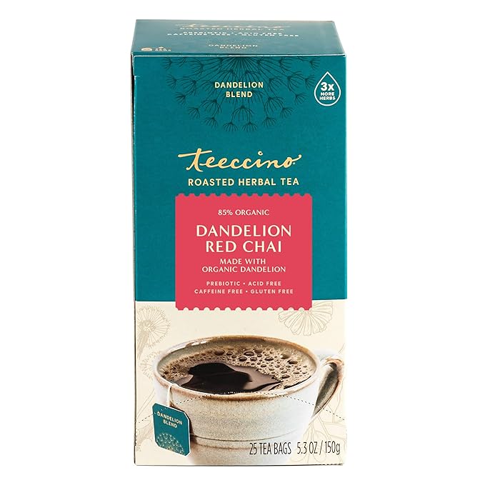 Teeccino Dandelion Red Chai Tea - Caffeine-Free, Roasted Herbal Tea with Prebiotics, 3x More Herbs than Regular Tea Bags, Gluten Free - 25 Tea Bags (Pack of 3)