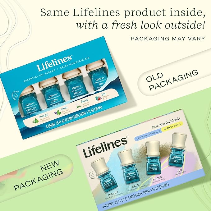 Lifelines Essential Oil Blends, 4-Pack - Blended Essential Oils with Precision Pump for Aromatherapy Diffusers - Long-Lasting Scented Fragrance - Crisp Mountain Air (Joy, Calm, Focus & Energy)