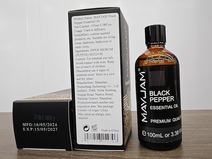 Black Pepper Essential Oil, MAYJAM Pure Essential Oils for Diffusers, 3.38FL.OZ/100ML Large Volume Black Pepper Essential Oil for Home Yoga Massage Use