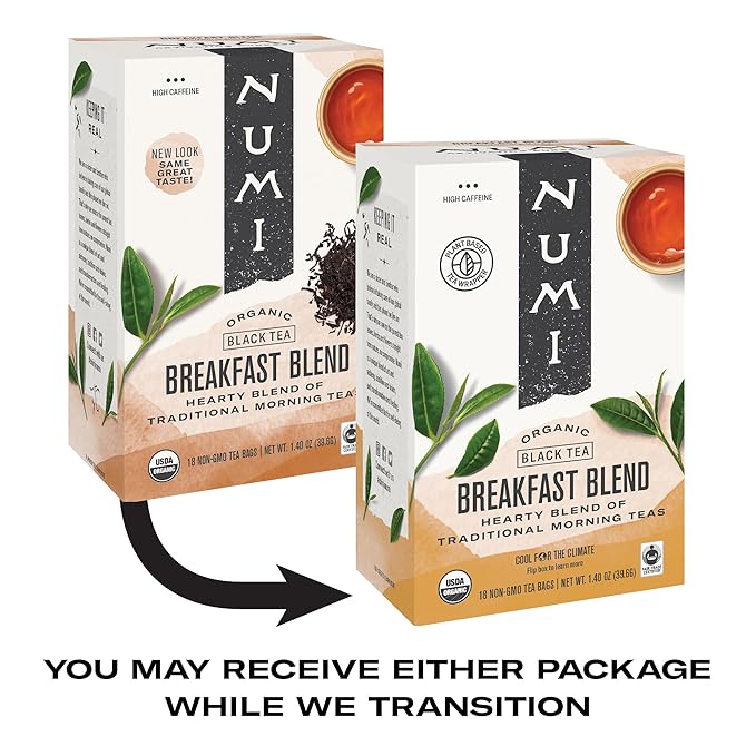 Numi Organic Breakfast Blend Tea, 18 Tea Bags (Pack of 3), Assam, Ceylon & Darjeeling Black Teas (Packaging May Vary)