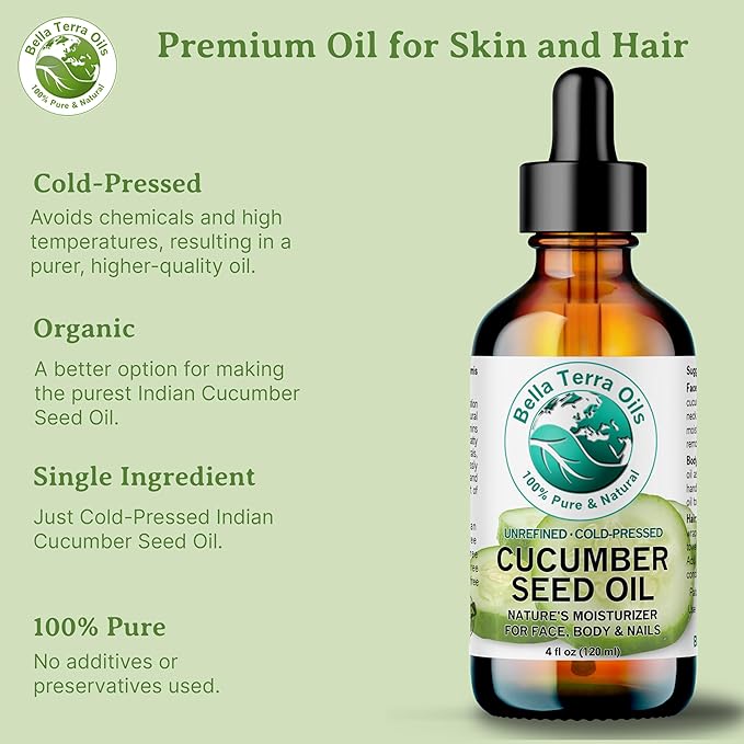 Bella Terra Oils Pure Cucumber Seed Oil for Refreshing Skin and Hair Care – 1 gallon, Vitamin E Rich