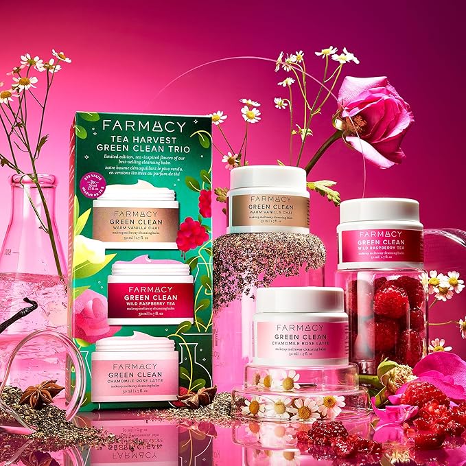 Farmacy Cleansing Balm Skin Care Set - Tea Harvest Travel Size Makeup Remover - Limited Edition Skincare Set Includes Warm Vanilla Chai, Wild Raspberry Tea + Chamomile Rose Latte (3 Count)