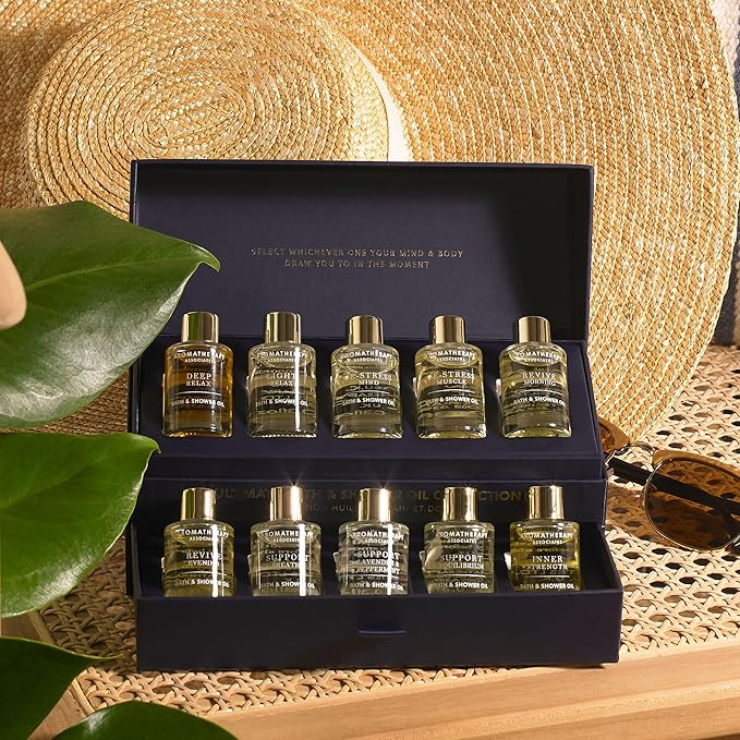 Aromatherapy Associates Essential Oil Blends for Dry Skin Oil & Body Oil for Men & Women, Luxury Shower Oil for Daily Aromatherapy Bath & Body Care, 10 Pack (0.30 fl oz Each), Decorative Gift Box