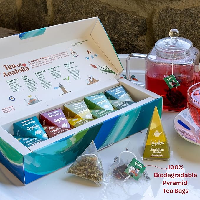 Lazika Tea Variety Pack with Lovely Presentation Box, Black, Green and Herbal Tea Sampler Gift Set, 10 Counts, Premium Collection with Pyramid Infuser Bag, Handcrafted