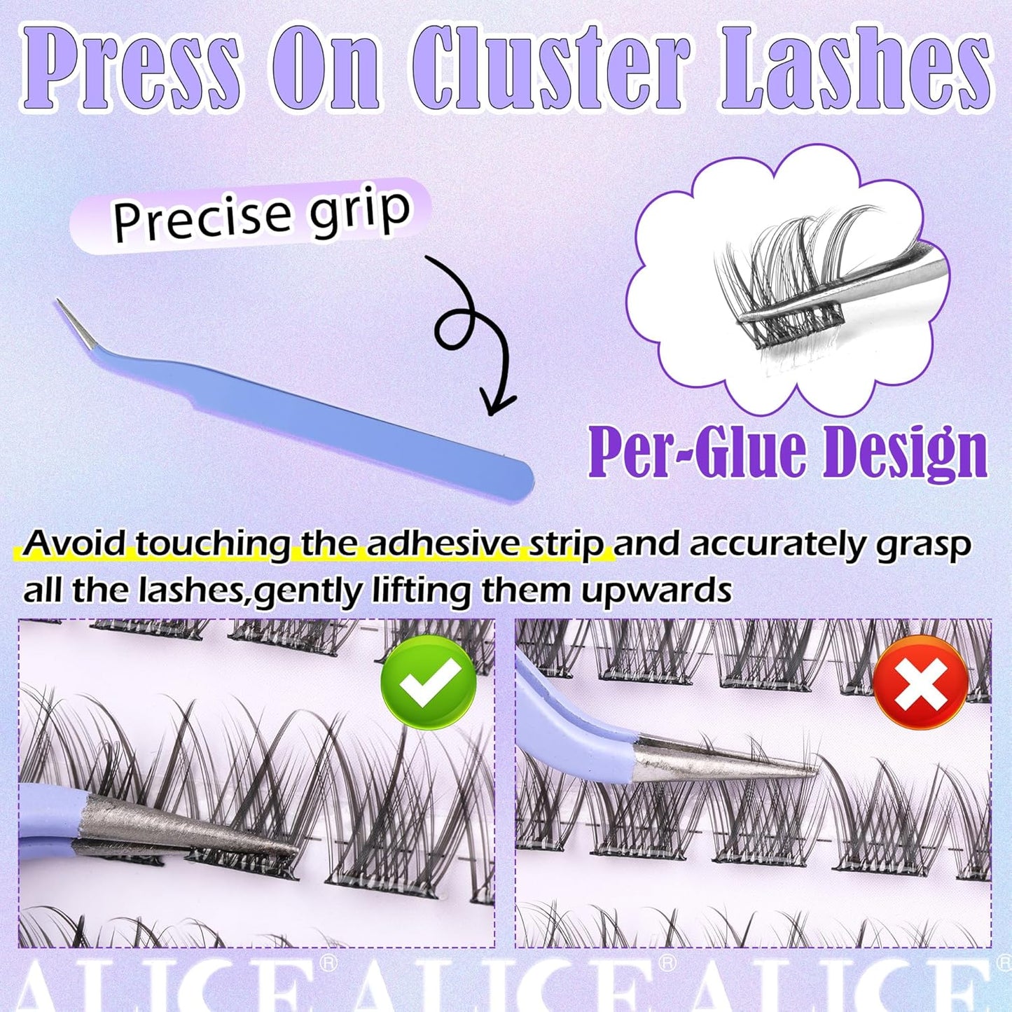 ALICE Self Adhesive Lashes Natural Look Clusters No Glue Needed Wispy Reusable Press on Lashes Pre-Glue 8-14mm 120pcs C Curl With Lash Tweezers