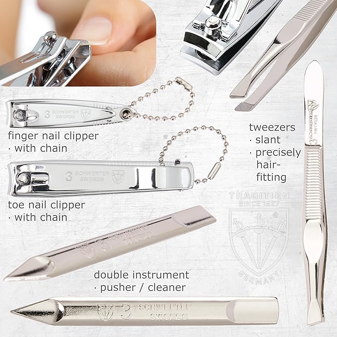 3 Swords Germany - brand quality 8 piece manicure pedicure grooming kit set synthetic leather case chequered - Made in Germany