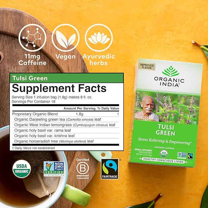 Organic India Tulsi Green Herbal Tea - Stress Relieving & Balancing, Immune Support, Adaptogen, Vegan, USDA Certified Organic, Caffeine-Free - 18 Infusion Bags, 6 Pack