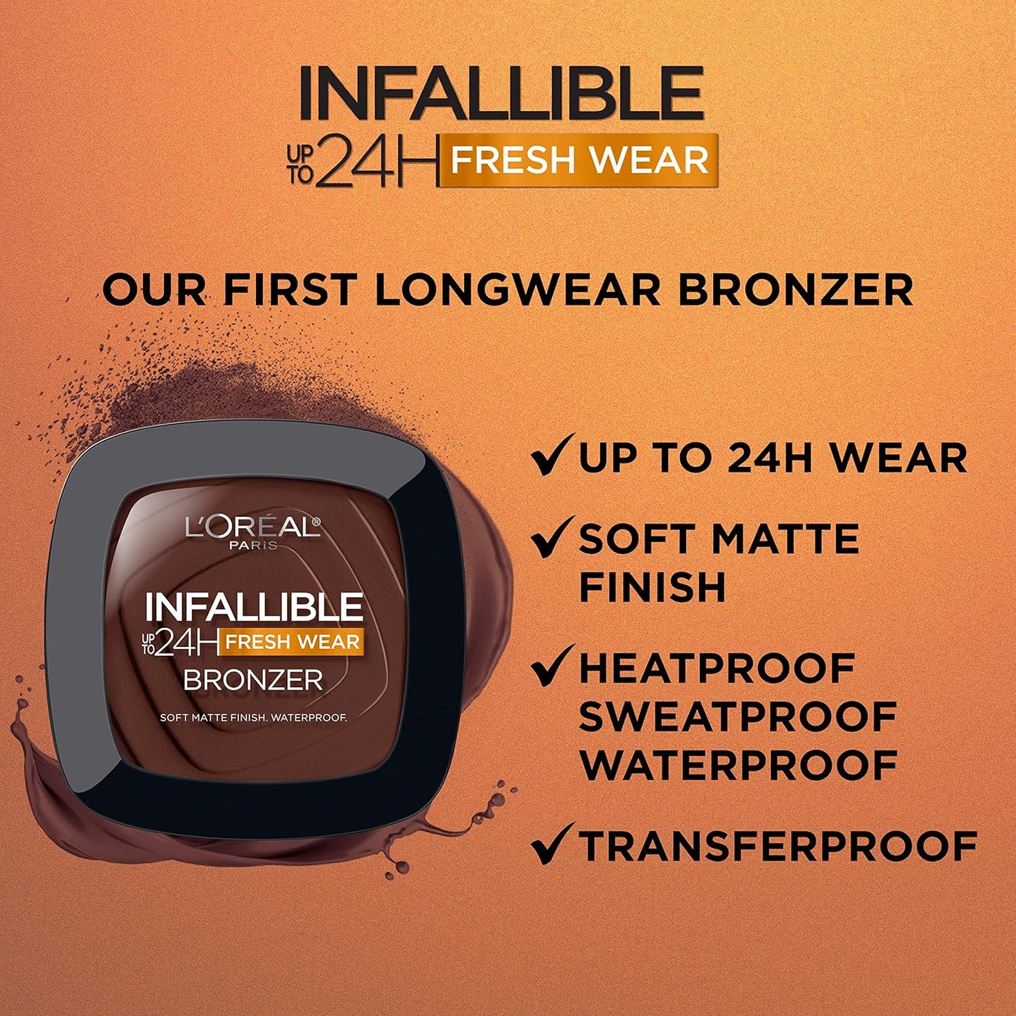 L'Oreal Paris Infallible Up to 24H Fresh Wear Soft Matte Longwear Bronzer. Waterproof, heatproof, Transfer, humidity and sweatproof, Tan, 0.31 oz